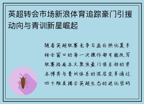 英超转会市场新浪体育追踪豪门引援动向与青训新星崛起